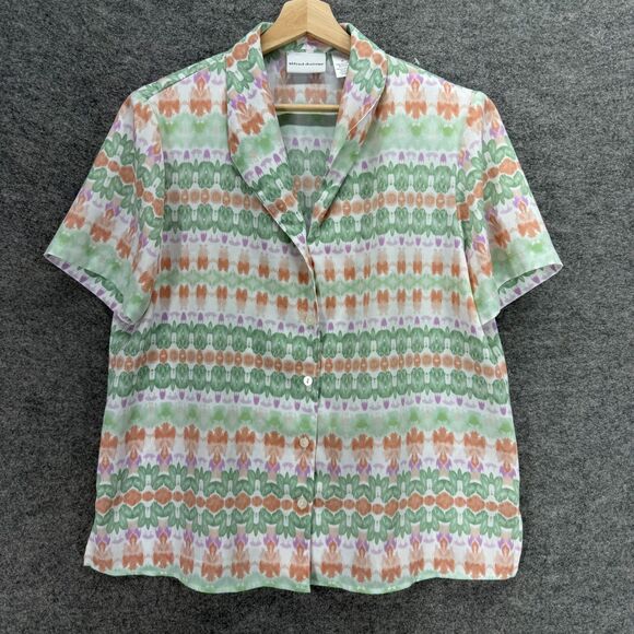 Alfred Dunner Shirt Women 16 Green Striped Button Up Collared Short Sleeve - Picture 1 of 6